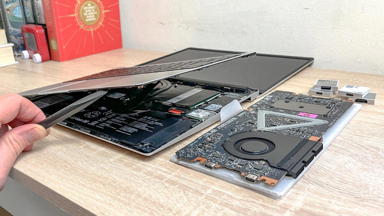 A peek inside the Framework Laptop can be intimidating, but don't be daunted—on this laptop even swapping out the CPU is doable for someone as thick-fingered as me. (Image credit: Future)