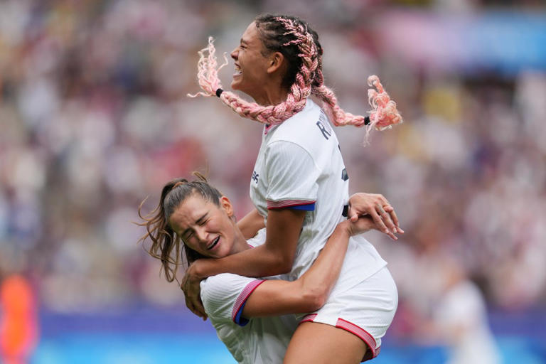 Trinity Rodman #5 of the United States celebrates scoring during extra time against Japan during a quarterfinal match during the Olympic Games Paris 2024on August 3, 2024. Getty Images