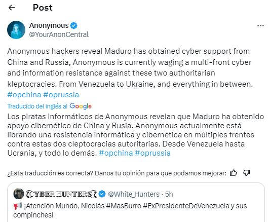 Anonymous expone a Nicolás Maduro y revela que recibió apoyo cibernético de China y Rusia