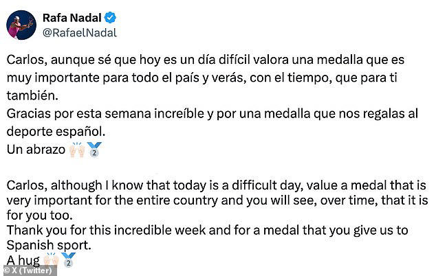 Rafael Nadal sends heart-warming message to compatriot Carlos Alcaraz after the Wimbledon champion's defeat by Novak Djokovic at Paris 2024