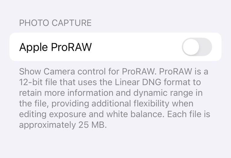 Apple ProRAW toggle.