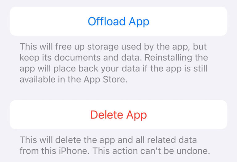 Offload App and Delete App options.