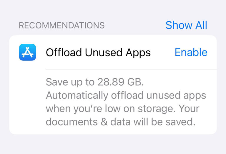 Automatic Offload Unused Apps option menu.