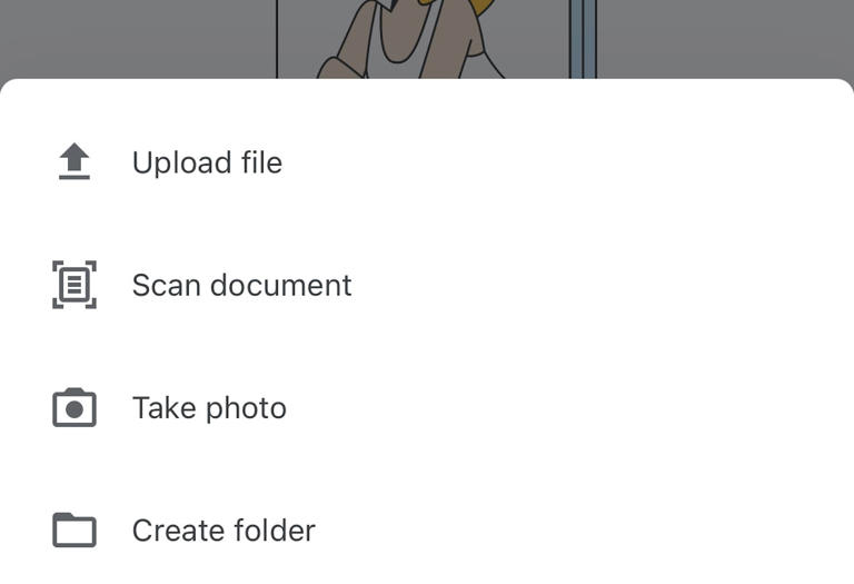 Upload file option in Google Drive app on iPhone.