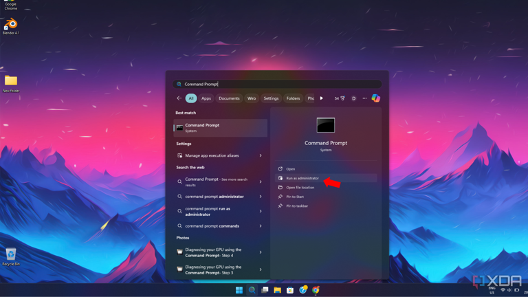The Search menu showing the Command Prompt as a result