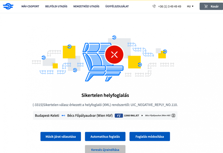 Rendszerhiba miatt átmenetileg nem lehet helyjegyet váltani a nemzetközi railjet vonatokra