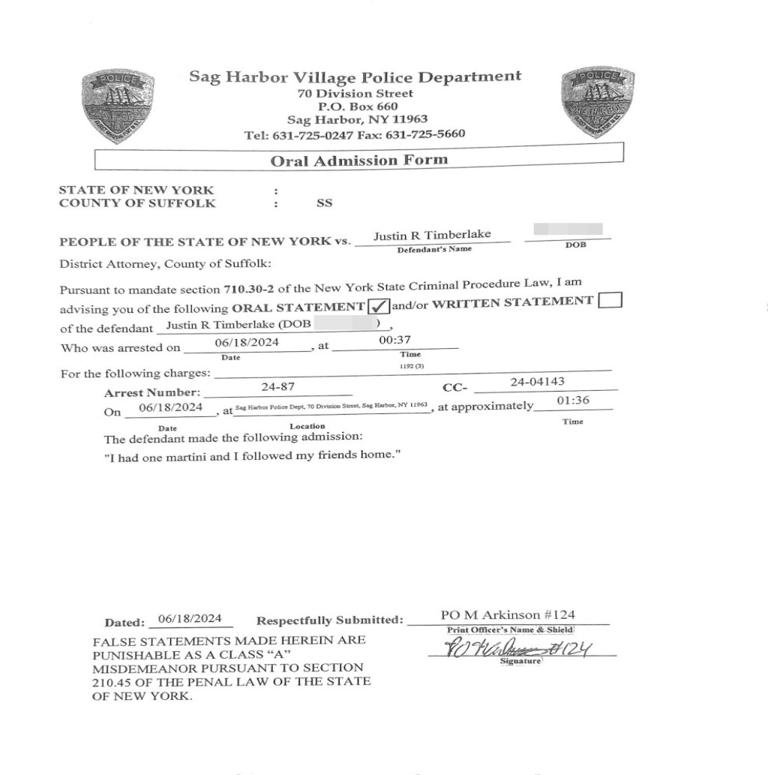 Police documents following Justin Timberlake’s arrest.