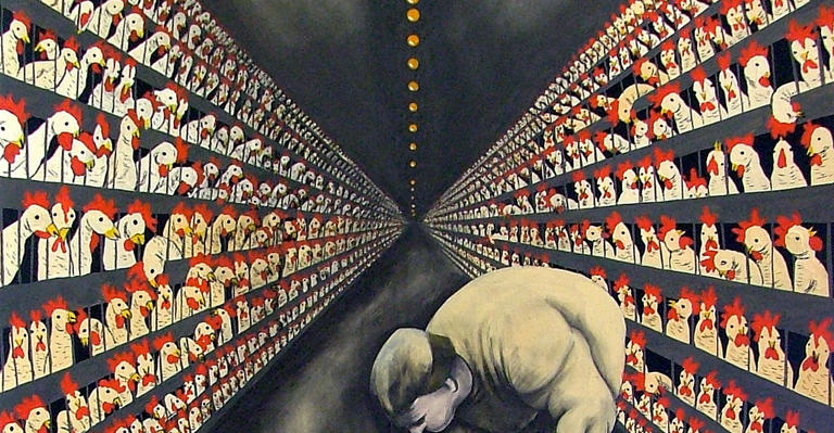 stylized painting of a factory farm in red and black hues, with rows of chickens in stacked cages and aisle in the center in which a man stands. He’s bending down and has an egg in his hand as a chicken on the floor leans on his leg