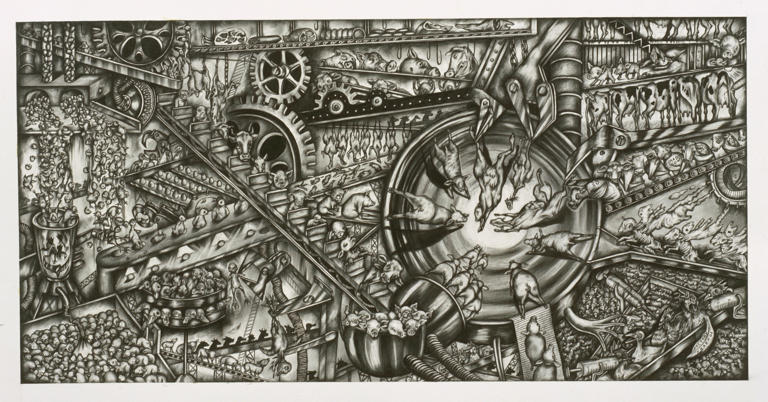 Stylized black-and-white woodcut illustration of a densely packed factory with farm animals inside the gears and machinery, creating a sense of the meat industry as a relentless killing machine or conveyor belt