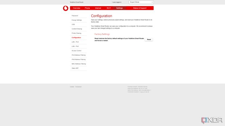 Screenshot of Vodafone Smart Router settings showing the reset page