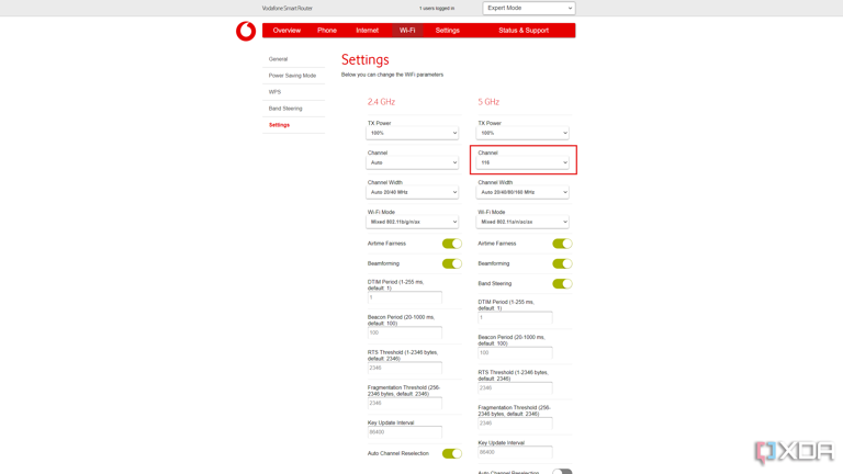 Screenshot of Wi-Fi settings for a Vodafone router showing a band selected for the 5GHz channel