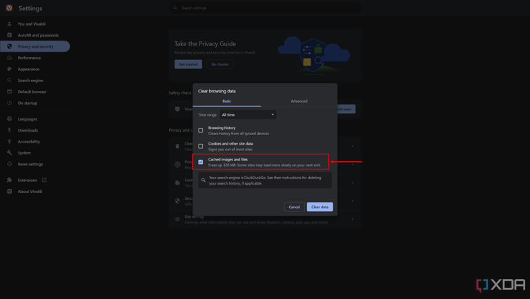 Screenshot of the clear browsing data dialog in Vivaldi