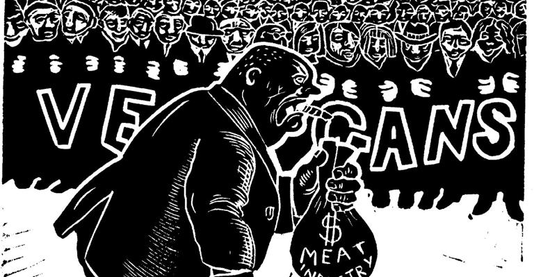 black-and-white linocut drawing of a large crowd of people with linked arms, labeled “VEGANS,” standing in front of a cow and calf, while a man representing the meat industry stands in front of them holding a knife and money bag with blood dripping from it. 