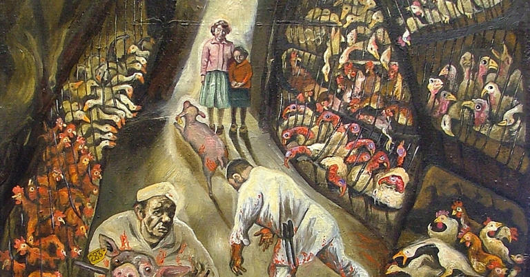 Painting of a slaughterhouse filled with stressed-looking farm animals of various species and workers preparing to slaughter them. A woman and daughter stand near the entrance as a pig runs toward them attempting to flee. 