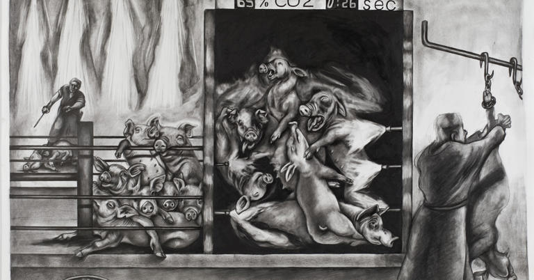 black-and-white drawing of anguished-looking pigs being gassed before slaughter in a gas chamber. Two slaughterhouse workers in the scene slaughter and hang pigs that have already been gassed