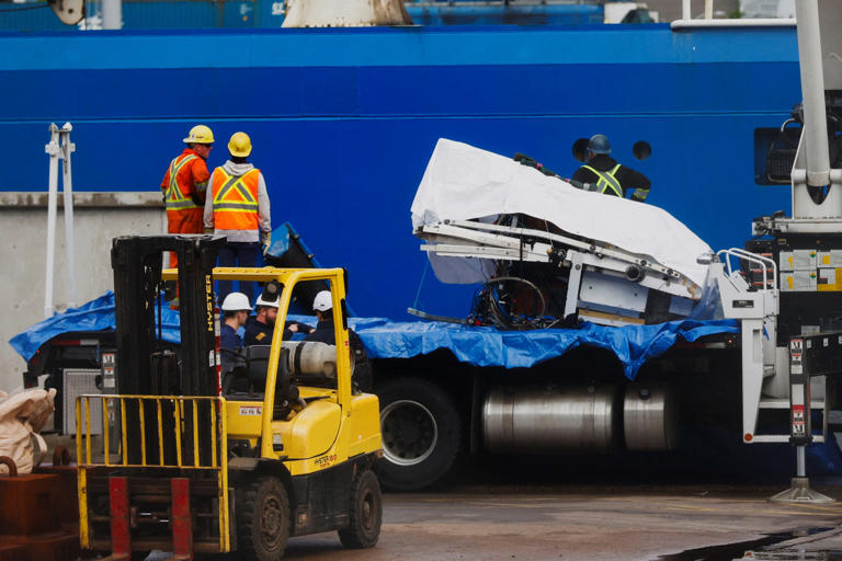 A view of the Horizon Arctic ship as salvaged pieces of the Titan submersible from OceanGate Expeditions are returned in St. John's Harbor, Newfoundland, Canada, on June 28, 2023.