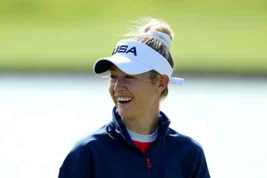 Nelly Korda of Team United States smiles the 15th green during a practice round ahead of the Women's Individual Stroke Play on day eleven of the Olympic Games Paris 2024 at Le Golf National on August 06, 2024 in Paris, France. (Photo by Kevin C. Cox/Getty Images)