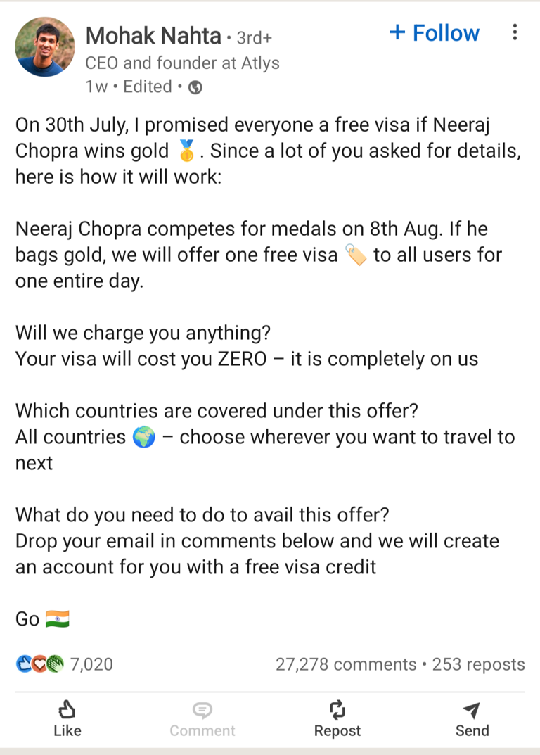 Free Visa For Indians If Neeraj Chopra Wins Gold at Paris Olympics
