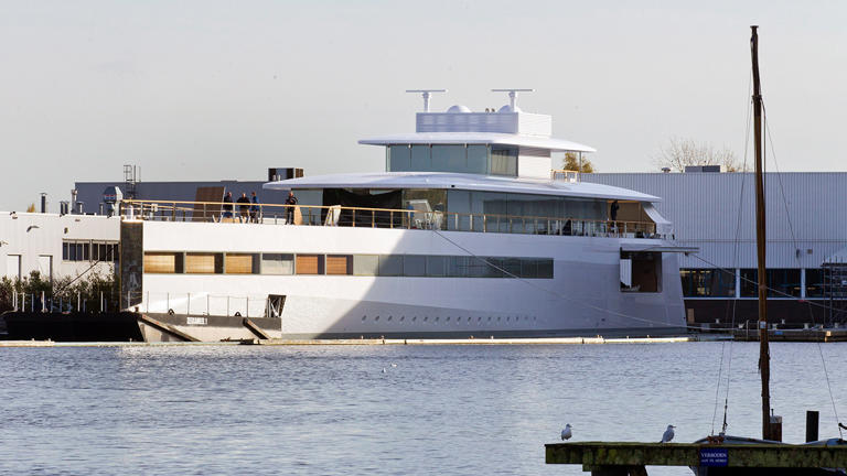 The 262-foot yacht Venus, co-designed by former Apple CEO Steve Jobs and Philippe Starck, is moored as work is completed at a shipyard Oct. 31, 2012, in Aalsmeer, Netherlands. Getty Images