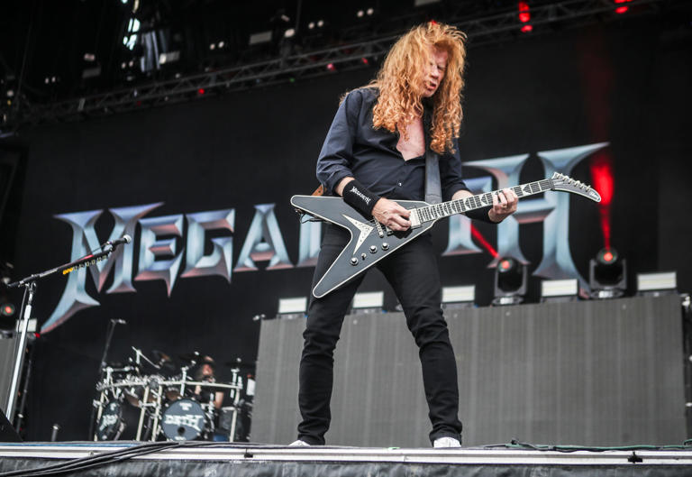 Dave Mustaine of Megadeth plays at Friday's Louder Than Life music festival in Louisville, Ky. Sept. 22, 2023