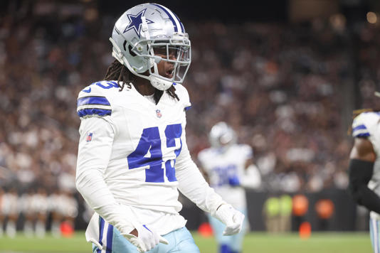 LAS VEGAS, NEVADA - AUGUST 17: Kemon Hall #43 of the Dallas Cowboys celebrates after a play during the second quarter against the Las Vegas Raiders during a preseason game at Allegiant Stadium on August 17, 2024 in Las Vegas, Nevada. (Photo by Ian Maule/Getty Images)