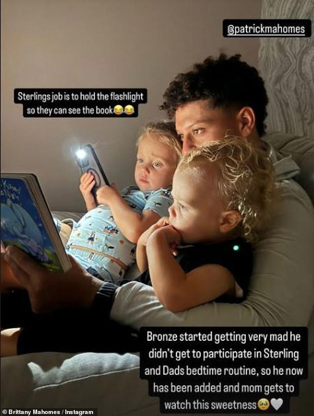 The 28-year-old pregnant soccer team co-owner posted a photo on her Instagram Stories that showed Patrick, 28, reading to their daughter Sterling, three, and 20-month-old son Bronze