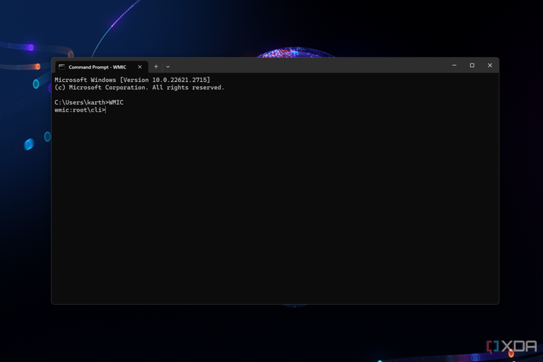 A screenshot showing the CMD terminal in Windows 11 with the wmic command.