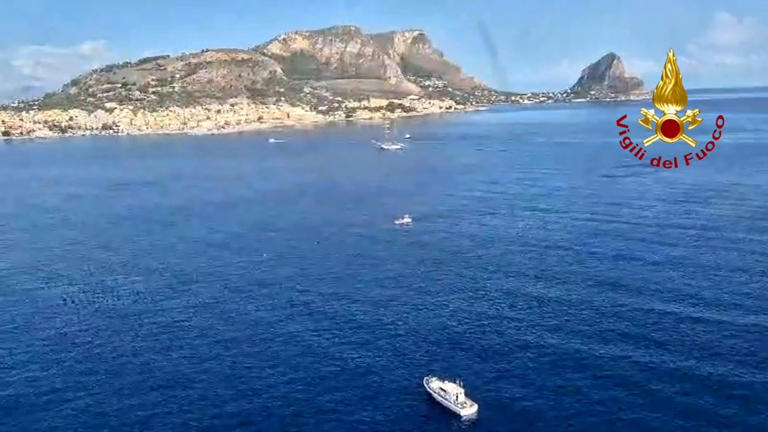 In this handout screen grab taken from a video provided by Corpo Nazionale dei Vigili dei del Fuoco, an Italian Coast Guard ship is seen at the site of a sunken vessel on August 19, 2024, in Palermo, Italy. Getty Images