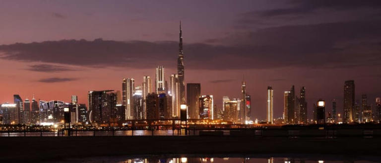 A picture shows a general view of the Dubai skyline including Burj Khalifa, the world's tallest building on November 24, 2023. 