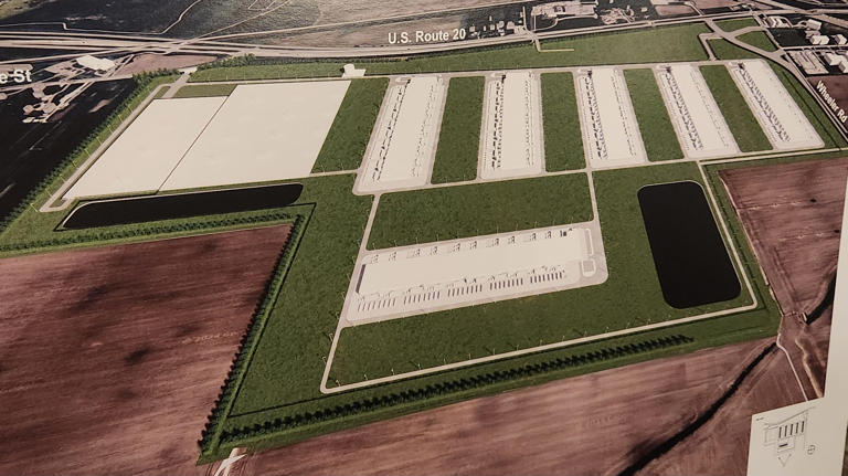 A rendering on display during a Microsoft data center open house Monday, Aug. 19, 2024, shows a six-building complex near U.S. Route 20 and Wheeler Road that would employ an estimated 300 people by 2030.