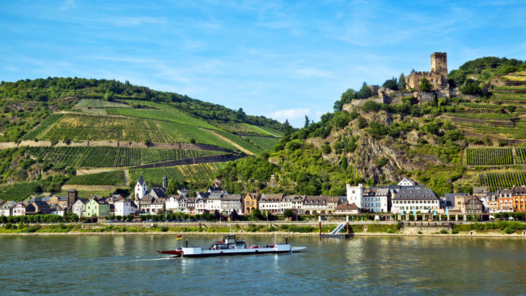 A Rhine ferry shuttles passengers to the town of Kaub, in the shadow of Gutenfels Castle.