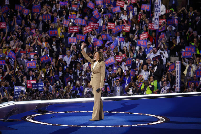 Vice President Kamala Harris is pictured at the Democratic National Convention in Chicago on August 19, 2024. The vice president has reportedly raised an unprecedented $500 million for her presidential bid in just under one month of campaigning.