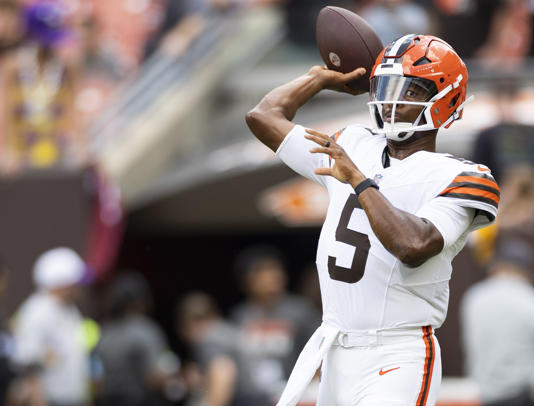 Aug 17, 2024; Cleveland, Ohio, USA; Cleveland Browns quarterback Jameis Winston (5) throws the ball during warm ups before the game against the Minnesota Vikings at Cleveland Browns Stadium. Mandatory Credit: Scott Galvin-USA TODAY Sports