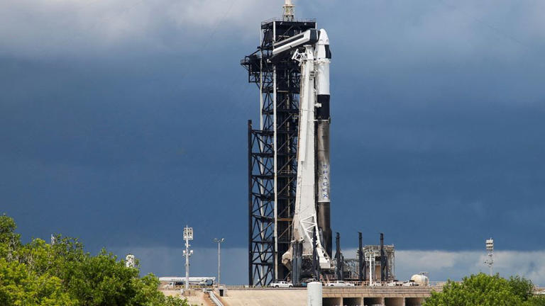 A SpaceX Falcon 9 rocket intended for the Polaris Dawn mission sits on a launchpad at Kennedy Space Center in Cape Canaveral, Florida, on August 26.