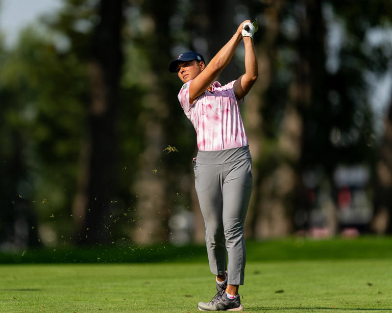 Leah John hits the ball during there CPKC Women’s Open, in Calgary on Thursday, July 25, 2024. THE CANADIAN PRESS/HO-Christian Bender MANDATORY CREDIT