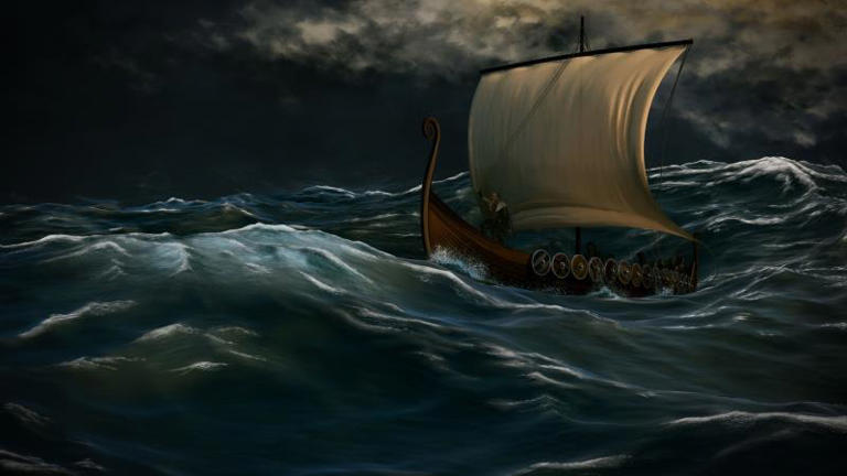 An illustration of a true Viking ship in rough seas. ©Getty Images/vlastas