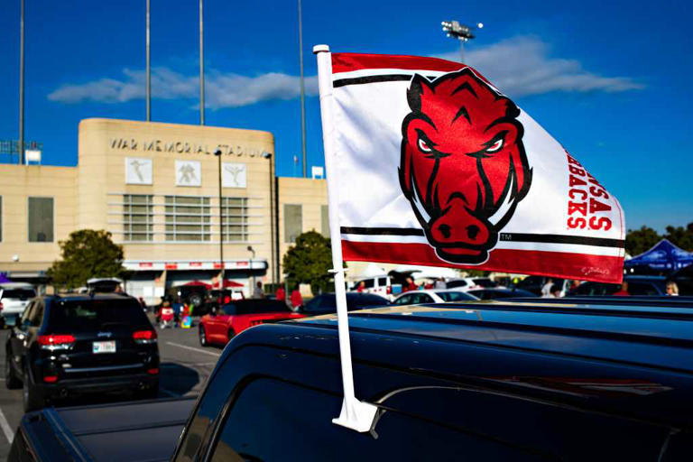 LITTLE ROCK, ARKANSAS - OCTOBER 23: Fans arrive before a game between the Arkansas Razorbacks and University of Arkansas-Pine Bluff Golden Lions at War Memorial Stadium on October 23, 2021 in Little Rock, Arkansas. (Photo by Wesley Hitt/Getty Images)