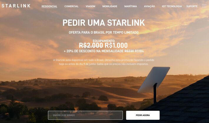 Site da Starlink usado para contratação direta do serviços da empresa de Elon Musk Foto: Starlink