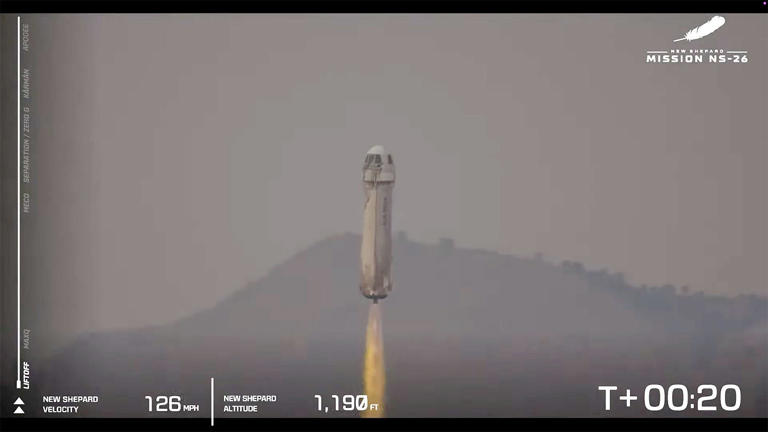 A Blue Origin New Shepard rocket blasts off from west Texas Thursday, boosting six passengers out of the lower atmosphere for an up-and-down sub-orbital trip to space. It was the company's eighth crewed New Shepard flight. / Credit: Blue Origin