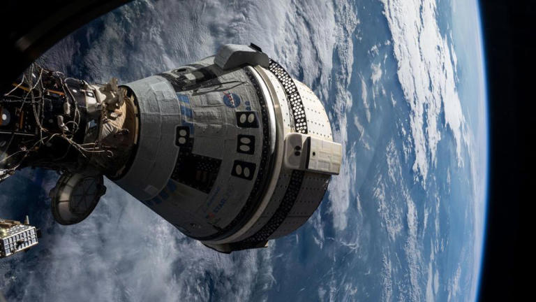 Boeing's Starliner spacecraft that launched NASA's Crew Flight Test astronauts Butch Wilmore and Suni Williams to the International Space Station is pictured docked to the Harmony module's forward port.