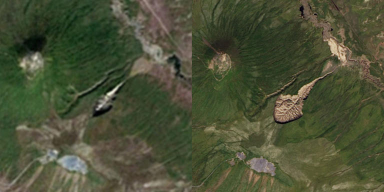 Satellite images from 1999 and 2017 show how much the Batagay megaslump has grown (and how much satellite imaging has improved). NASA Earth Observatory/Jesse Allen/Landsat data from the US Geological Survey