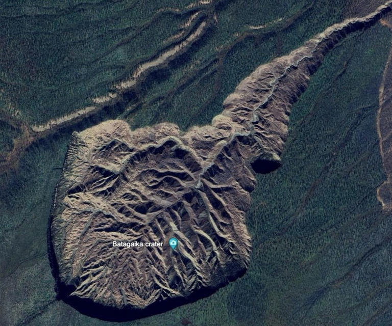 The Batagay crater, as seen on Google Earth in satellite data from May. Google, Airbus