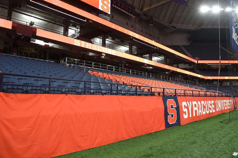 A look at one of the end zones with the new seats inside the JMA Wireless Dome. Orange seats indicate premium seating.