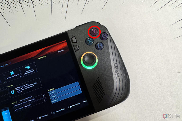rog ally x in bios screen with the y button highlighted