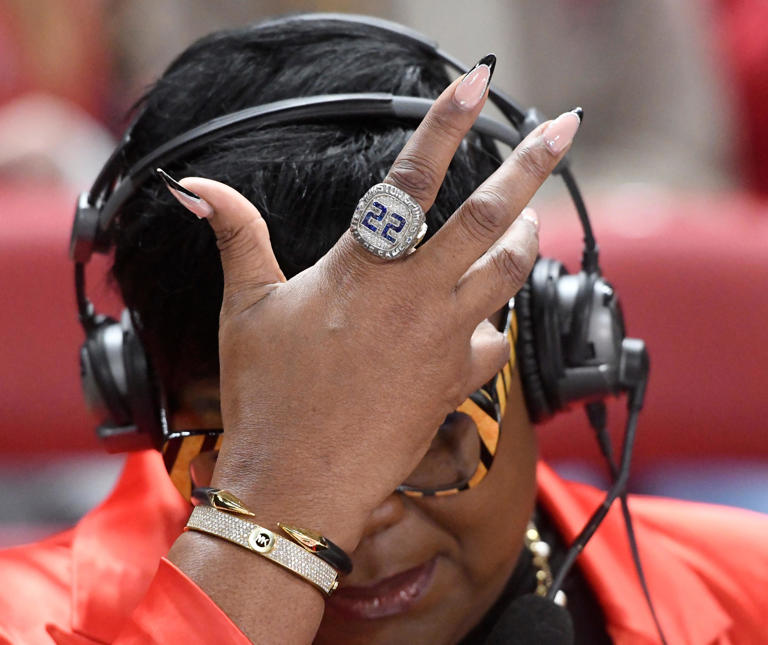 Sheryl Swoopes wears a Houston Sports Hall of Fame Ring during the Texas Tech game against Baylor, Saturday, Jan. 28,, 2023, at United Supermarkets Arena.