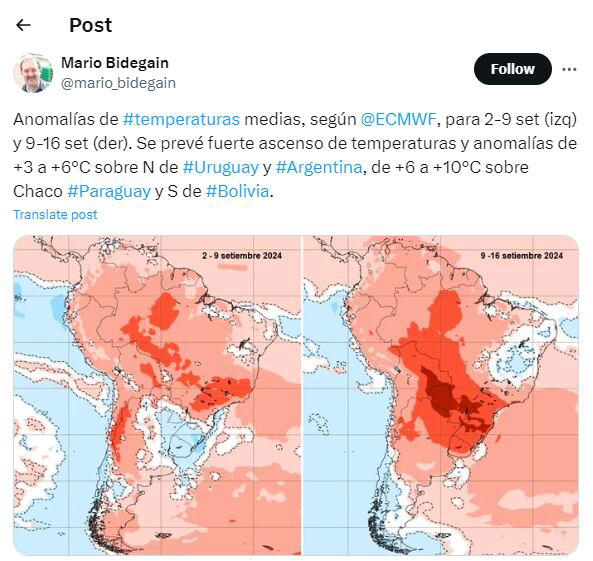 La temperatura que se espera en septiembre en Argentina.