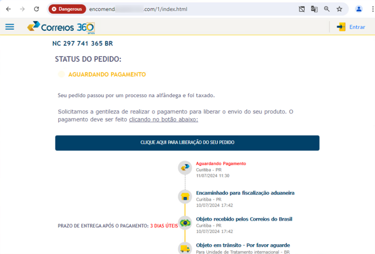 Mais um pouco do site falso. Ele tenta replicar o site original dos Correios. Imagem: ESET