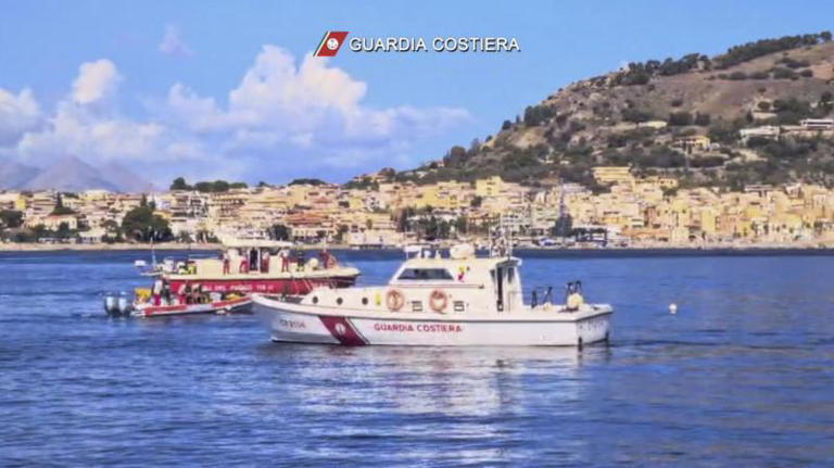 This picture taken from a video released by the Italian Coast Guard on Monday, Aug. 19, 2024, shows the rescue operations in the stretch of Sea near Palermo, Sicily, in southern Italy, where the sailing yacht Bayesian under the UK flag sank early Monday. ©Italian Coast Guard via AP, HO