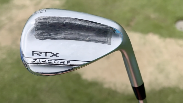 Patrick Reed's Cleveland RTX Zipcore wedge with a good lump of lead tape behind strike (Image credit: Future)