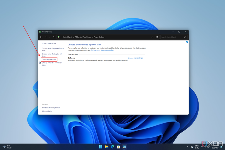 Screenshot of Control Panel in Windows 11 with the button to create a new power plan highlighted